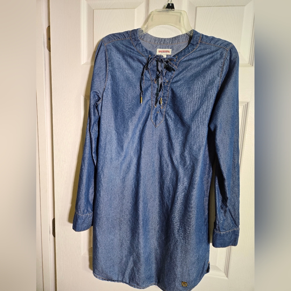 True Religion Lace up Denim Chambray Dress in Fossil Silk Color size Small EUC - Picture 2 of 13
